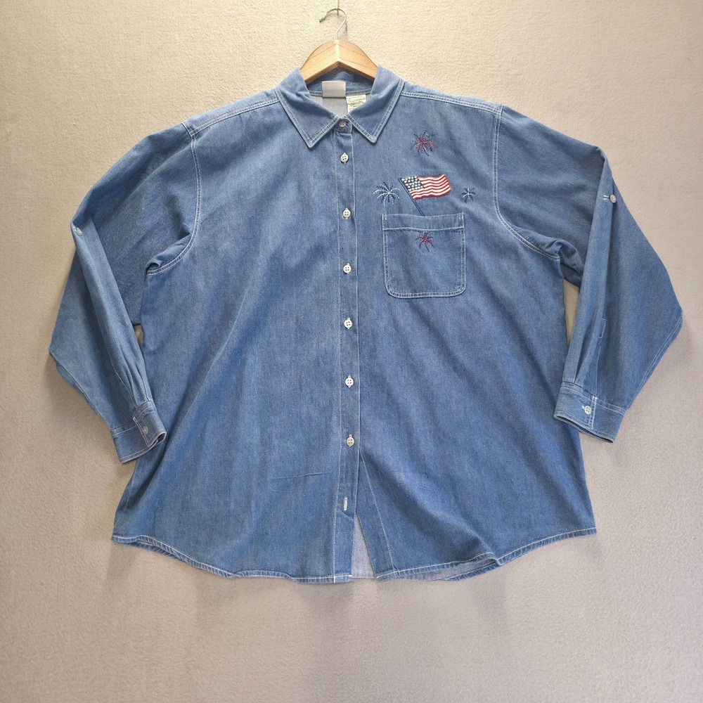Capacity Women's Patriotic Flag Chambray Long Sleeve Button Up‎ Shirt Size 2X